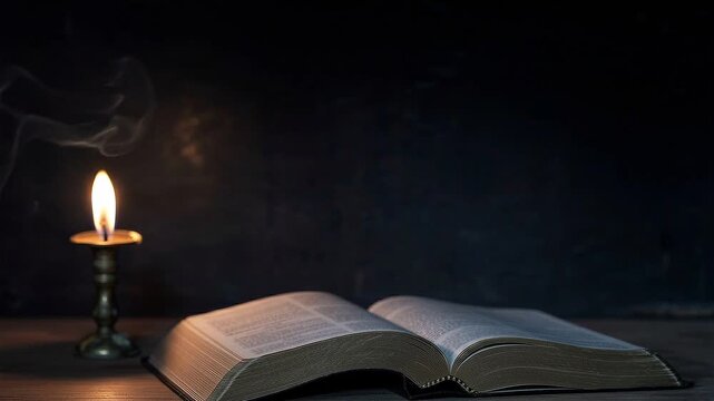 Open Holy Bible illuminated by candlelight on wooden table in dark room, Christian faith, prayer, worship, scripture reading, spiritual meditation, peaceful religious background with copy space