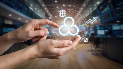 Fototapeta premium Person holding digital cryptocurrency symbol with glowing tech interface background