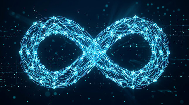 Abstract glowing infinity symbol network with digital connections during a data flow