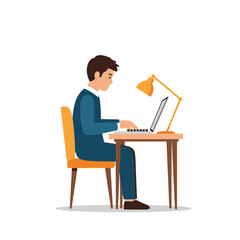 Fototapeta premium Man Working on Laptop at Desk with Lamp.