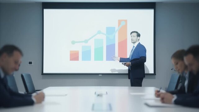 Medium shot illustrating a presentation screen displaying gift income projections to a client presenter visible but background space lightly blurred to center attention.