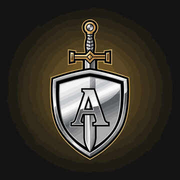 Medieval Shield with Sword and Letter A Emblem.