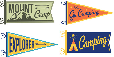 Vintage style camping flags decoration showcasing mountain peaks, arrows, teepee tents, and cursive text. © Mominul