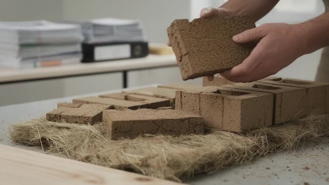 Focused view of hands assembling ecobuilding materials while outdated policy documents remain blurred in the background.