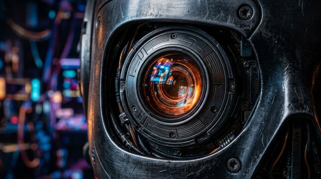 Close-up of a futuristic robot eye with a camera lens and glowing reflections