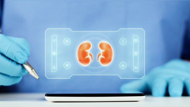The doctor presents a digital interface of a kidney on his tablet. Concept of kidney health, AI-powered telemedicine, medical monitoring, analysis, and disease detection.