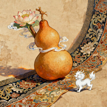 Chinese Gongbi Painting Gourd Lotus White Qilin Beast