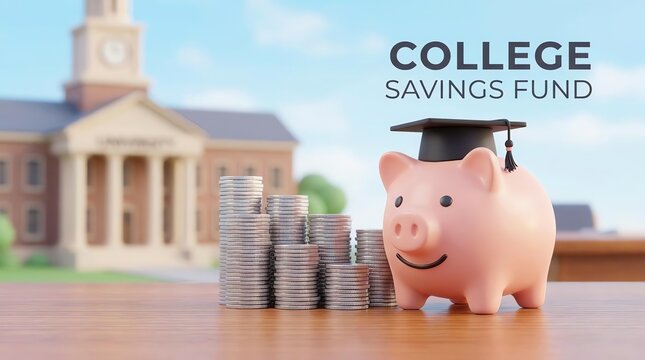 College Savings Fund: Piggy Bank with Graduation Cap and Stacked Coins