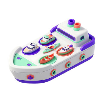 Miniature vessel showcases a playful collection of colorful toy boats and canoes arranged neatly on a clean white background for design.
