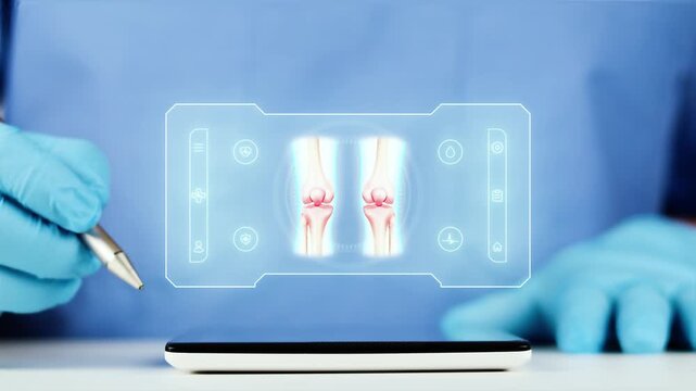 Doctor presents the digital interface of knee bones on a tablet. Concept of orthopedics, telemedicine with AI for joint and bone health monitoring.