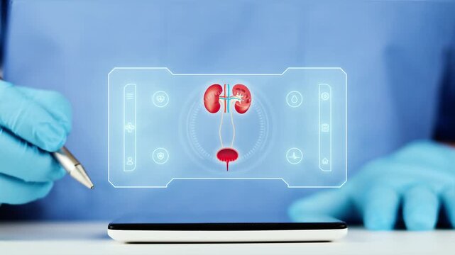 The doctor presents the digital interface of the female urinary system on a tablet. Concept of urology, AI-powered telemedicine, kidney monitoring, and women's health.