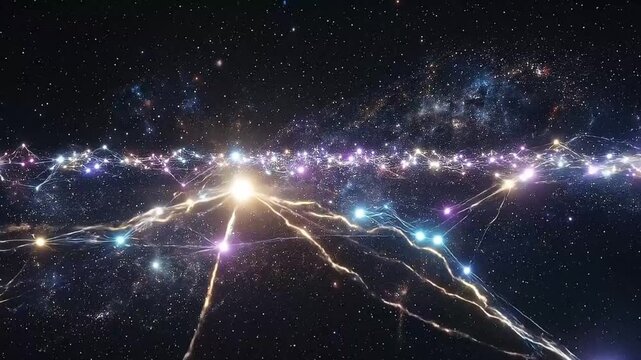 Motion graphics footage of a glowing cosmic network connecting stars in deep space
