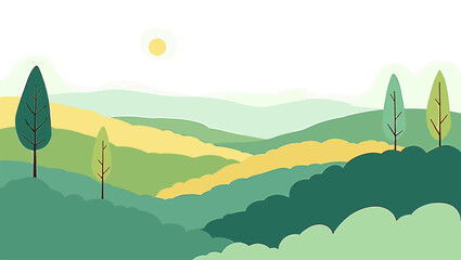 A minimalist digital illustration of stylized green hills and a single tree trunk, providing a clean background with copy space for eco-friendly branding. © WayRuta