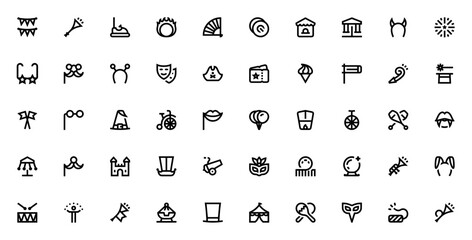 Carnival icon set. Festive vector icons pack. Includes symbols for garlands, balloons, masks, fireworks, carousel, juggling, trumpets, drums, unicycle, and more. Editable vector stroke. © wang