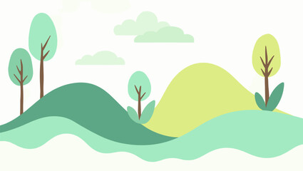 A minimalist vector illustration featuring stylized green rolling hills and a single tree trunk, providing ample negative space for creative branding and graphic design. © WayRuta