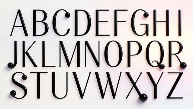 Black 3D uppercase alphabet A-Z on subtle light pink gradient background, thin serif creative font decorated with round beads, modern typography design material
