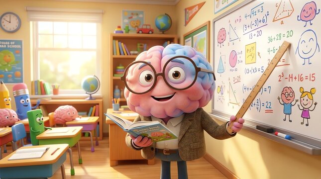 Happy Cartoon Brain Teacher Explaining Math Lesson on Whiteboard
