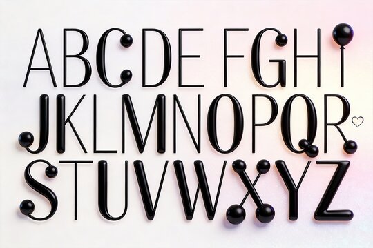 Black 3D uppercase alphabet A-Z on subtle light pink gradient background, thin serif creative font decorated with round beads, modern typography design material