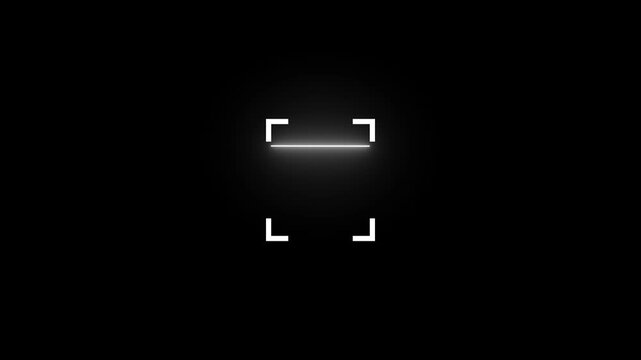 Neon white scanner icon with corner brackets on a black background scanning barcode. 4k video animation