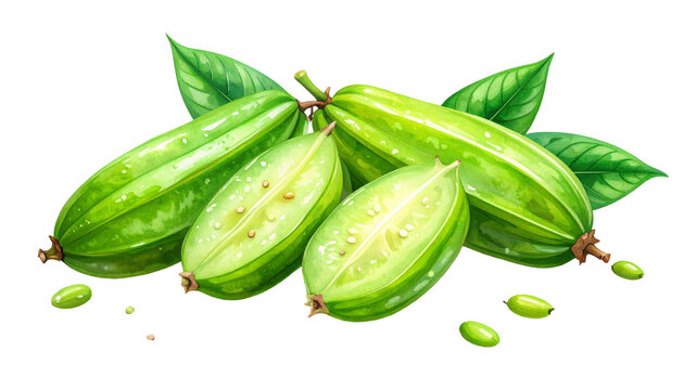 Fresh Green Bilimbi Fruit with Leaves and Seeds.