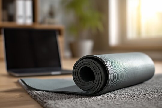 Rolled yoga mat on wooden floor with laptop in background.