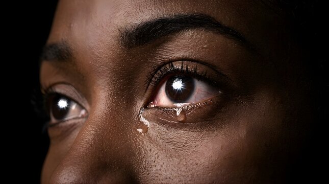 Crying black woman with tear rolling down eye against dark background