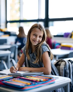 Vertical portrait of happy elementary school girl with dimpled smile sitting in class.