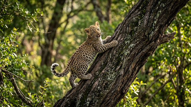 Young spotted leopard cub climbing rugged tree trunk in soft natural forest light portrait with ascending textured mossy green forest background captures small spotted background under warm nature