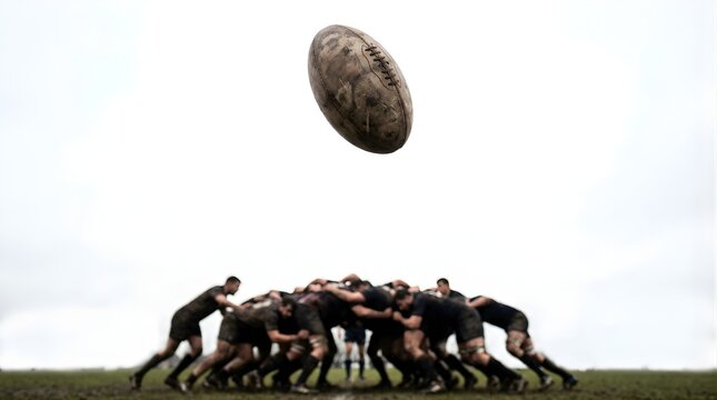 Dirty rugby ball flying above a scrum of players during a match outdoors