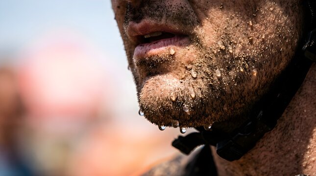 Extreme close up of a sweaty man face covered in dirt after endurance race