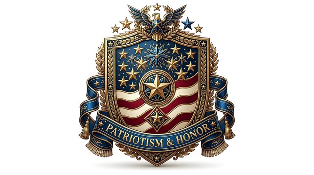 Patriotic Shield Emblem with American Flag Design and Patriotism and Honor Text.