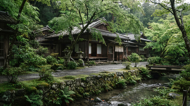 Traditional Wooden Japanese Architecture Nestled in a Lush Green Forest Garden with a Serene Flowing Stream and Mossy Stone Path