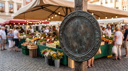 Fototapeta premium Round Vintage Metal Signboard Mockup at Outdoor Farmers Market