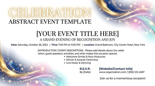 Abstract Celebration Event Invitation Template with Elegant Colorful Swirl Design.