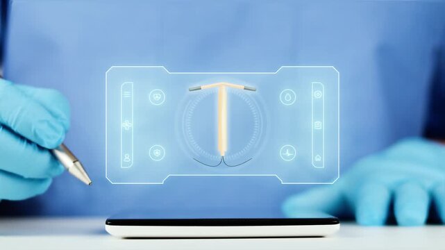 The doctor presents the digital interface of the copper IUD on his tablet. Concept of gynecology, AI-powered telemedicine, contraceptive monitoring, and reproductive health.