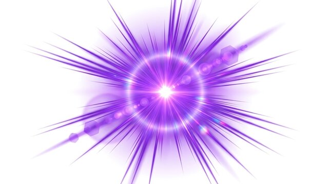 Abstract purple light explosion effect with starburst rays and glowing circular aura on white background.
