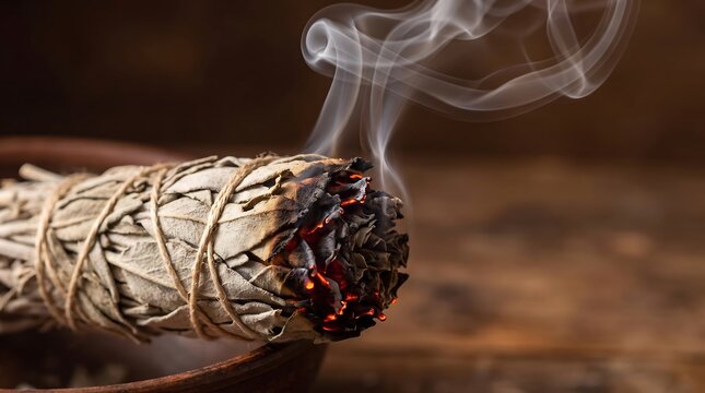 Burning white sage smudge stick bundle with smoke for cleansing