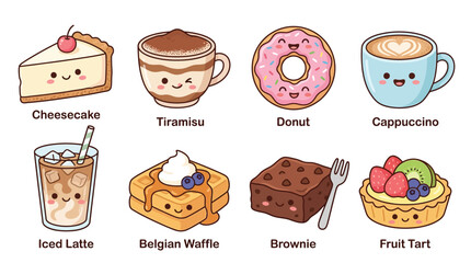 Collection of cute kawaii cartoon desserts and drinks with happy faces.