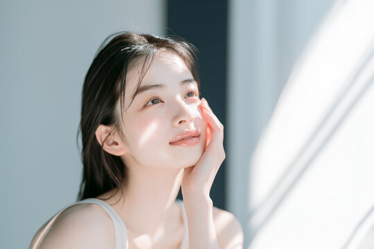透明感とツヤのある美しい白い肌の女性。 美容、スキンケア、素材