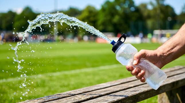 Hand squeezing water bottle to spray refreshing liquid on sports field