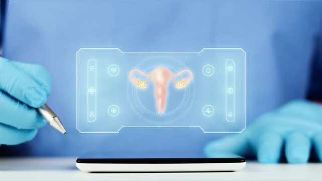 Doctor presents the digital interface of the uterine system on a tablet. Gynecology concept, AI-powered telemedicine for reproductive monitoring and gynecological analysis.