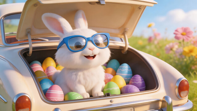 Bunny in car trunk with Easter eggs