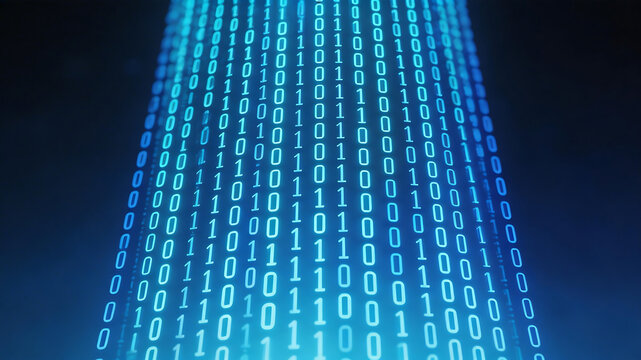 Binary code stream in blue light