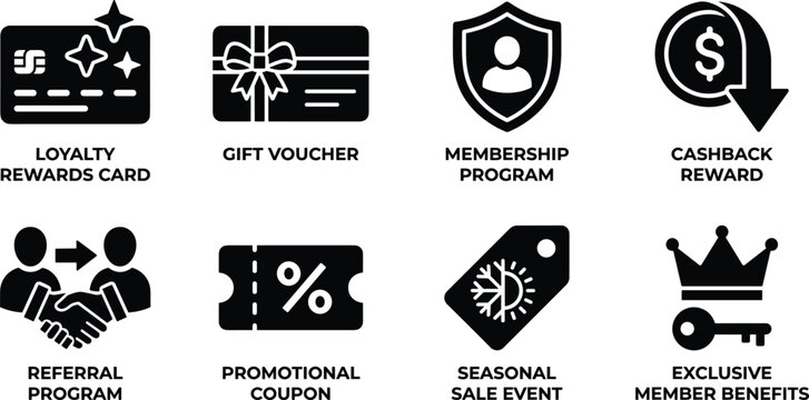 Customer Loyalty and Rewards Program Silhouette Icons Collection for Retail Marketing and Member Benefits