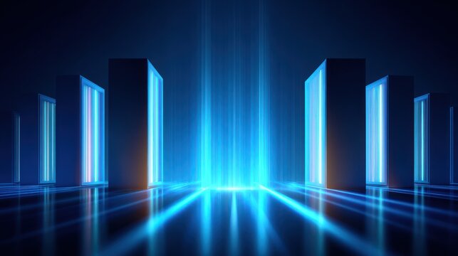 Abstract illustration of glowing portals with bright blue light effects