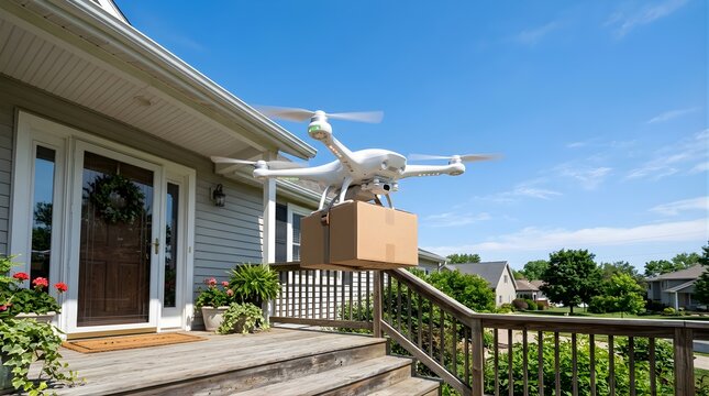 Quadcopter drone delivering a cardboard parcel to a residential house porch