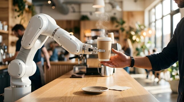 Robotic arm serving a hot coffee cup to a customer in a modern cafe