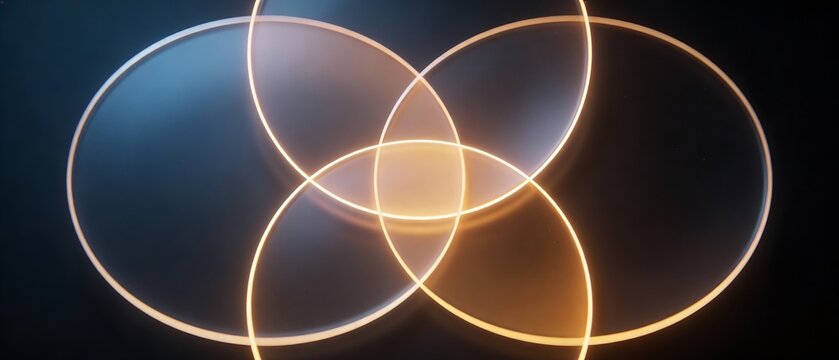 Abstract glowing gold intersecting circles on dark background representing connection and synergy