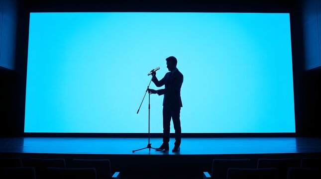 Silhouette of a businessman giving a speech on stage against blue screen