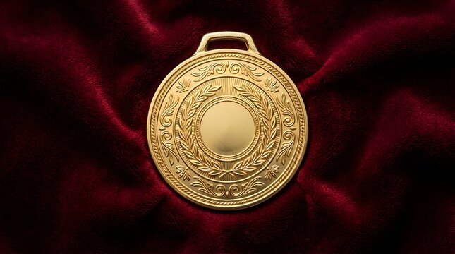 Shiny gold medal with blank center resting on dark red velvet fabric